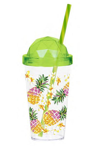 krommet Pineapple Pattern Diamond Lid Glass with Straw 660 Cc