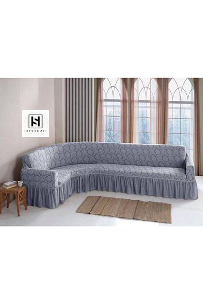 HEYTGAH Gray Jacquard Oslamic Patterned Elastic Skirt L Sofa Cover