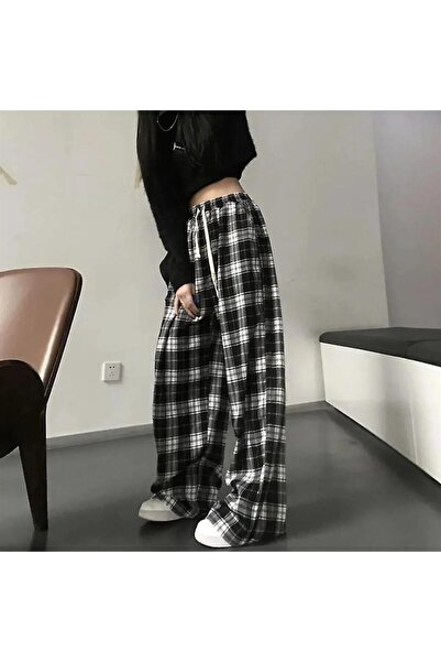 Toum STREETBEAT WEAR  Harajuku Siyah Beyaz Ekose Tracksuit Eşofman Altı