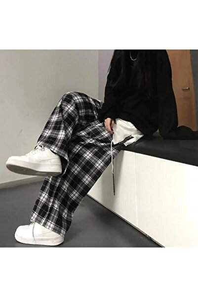 Toum STREETBEAT WEAR  Harajuku Siyah Beyaz Ekose Tracksuit Eşofman Altı