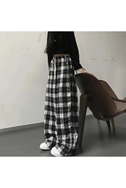 Toum STREETBEAT WEAR  Harajuku Siyah Beyaz Ekose Tracksuit Eşofman Altı