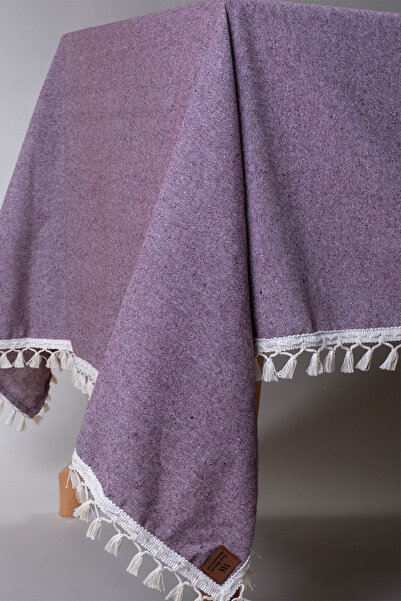 vivamaison Plum Colored Cotton Pompom Tablecloth