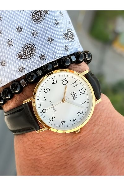 Q&Q Brand Retro Black Color, 24 Months Warranty, Waterproof, Leather Strap with Numbers Men's Wristwatch+Bracelet