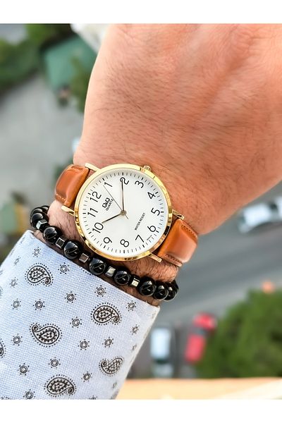 Q&Q Retro Tan Color 24 months Warranty, Waterproof, Leather Strap with Numbers Men's Wristwatch+Bracelet