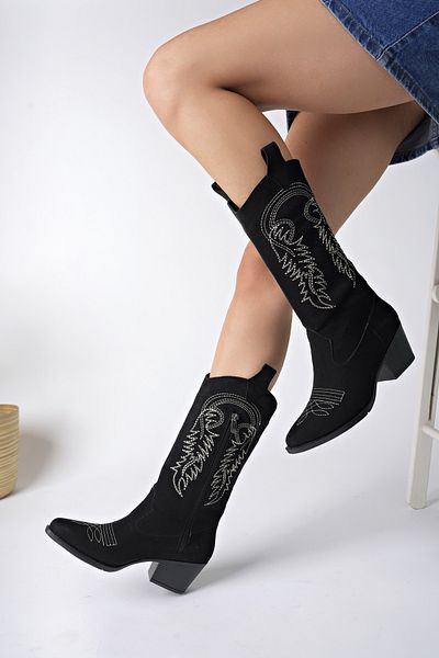 bakacstore Γυναικείες καουμπόικες μπότες μαύρες σουέτ κεντημένες νέας σεζόν