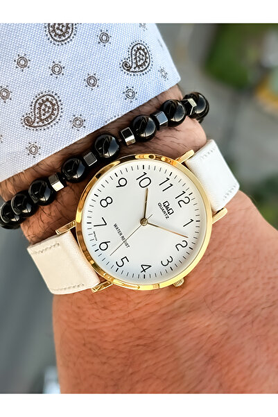 Q&Q Brand Retro White Color, 24 Months Warranty, Waterproof, Leather Strap with Numbers Men's Wristwatch+Bracelet