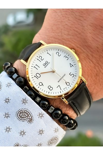 Q&Q Brand Retro Black Color, 24 Months Warranty, Waterproof, Leather Strap with Numbers Men's Wristwatch+Bracelet