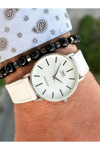 Q&Q Brand Retro White Color, 24 months Warranty, Waterproof, Leather Strap Men's Wristwatch+Bracelet