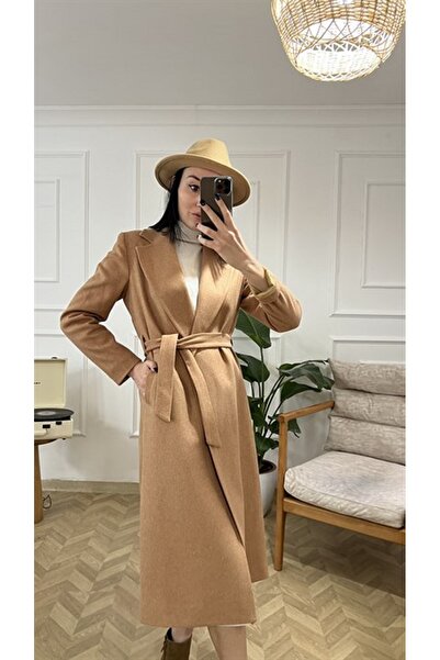 My Blog Kabát s velbloudím páskem, podšívkou, detail do kapsy, kašmírový kabát