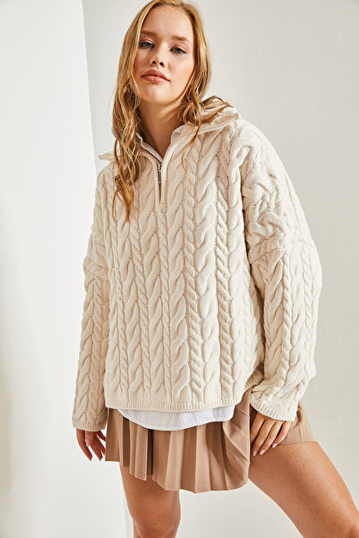 Bianco Lucci Women's Turtleneck Zippered Patterned Knitwear Sweater