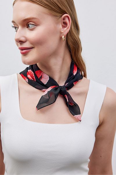 THE MOON Textured Red Chiffon Scarf with Poppy Flower Pattern