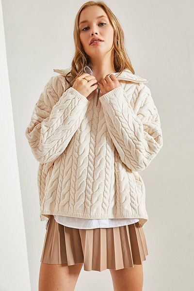 Bianco Lucci Gemusterter Damen-Strickpullover mit Rollkragen und Reißverschluss