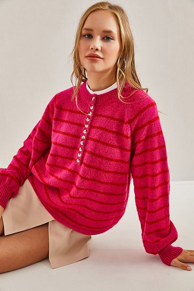 Bianco Lucci Women's Buttoned Collar Turtleneck Striped Knitwear Sweater