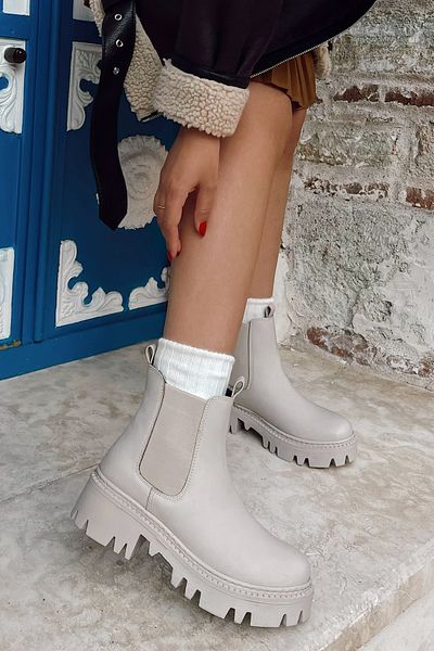 POLKA STORE Chelsea Elastic Side Bands Thick Sole Comfortable Elastic Matte Leather Beige Nude Skin Short Mini Women's Boots