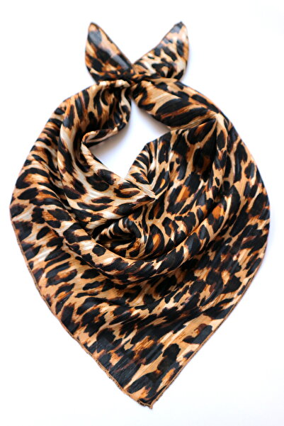 THE MOON Wild Leopar Desenli Işıltılı Kahverengi Pamuk Ipek Fular Bandana