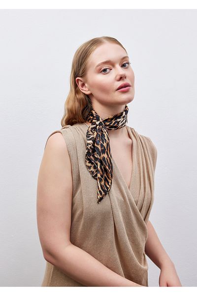 THE MOON Wild Leopard Patterned Sparkly Brown Cotton Silk Scarf Bandana