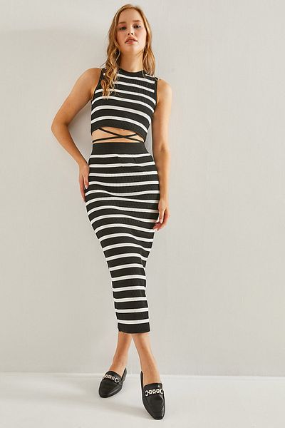 Bianco Lucci Women's Striped Crop Tie Blouse with Elastic Waist Skirt Top and Bottom Set