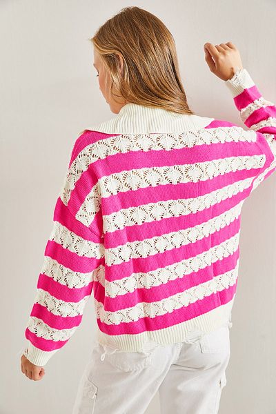 Bianco Lucci Women's Polo Neck Ripped Patterned Knitwear Sweater