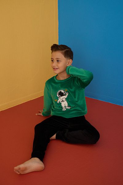 Ponki Set de pijamale pentru copii din catifea cu modele astronaut