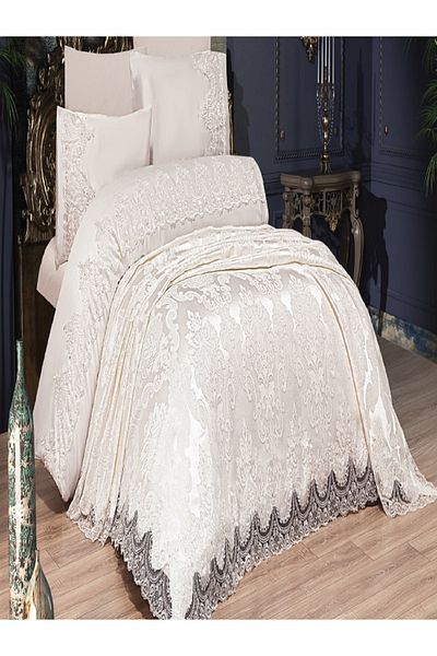 NASHOME TEKSTİL Double Dowry Box 6 Pieces Chenille Embroidered Pique Set Anje Elite