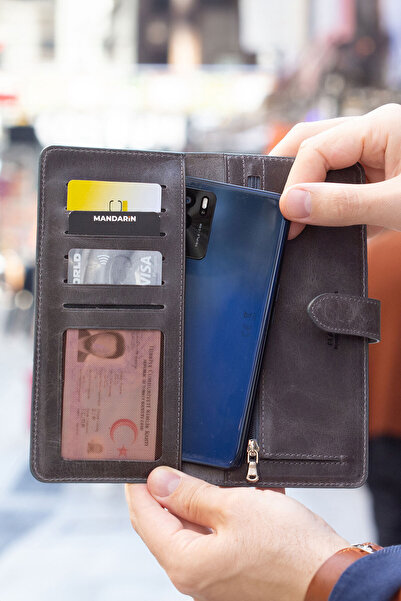 TESBİHCİBABA Mandarin| Anthracite Paris Men's Leather Wallet with Phone Compartment, Card Holder