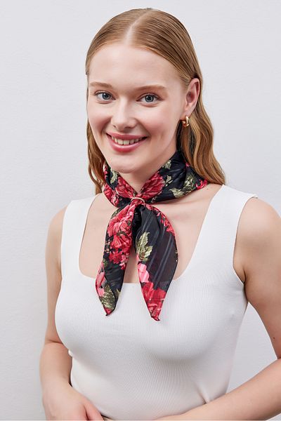 THE MOON Garden Roses Red Flower Patterned Sparkling Black Cotton Silk Scarf