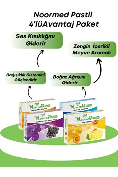 Boğaz Pastili Portakal & Bal & Menthol & Karamürver Aromalı Pastil 4'lü Avantaj Paket