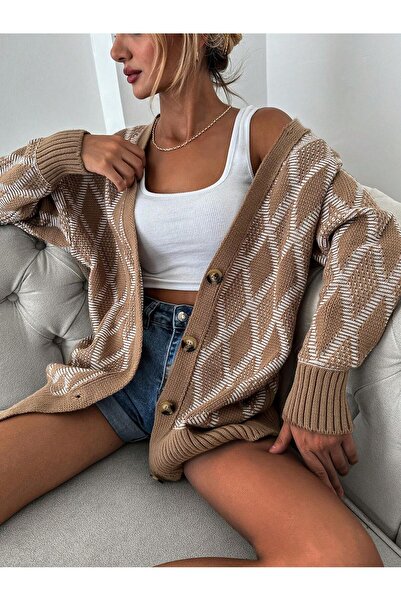 AQE FASHION كارديجان منقوش بأربعة أزرار ماسية جملي