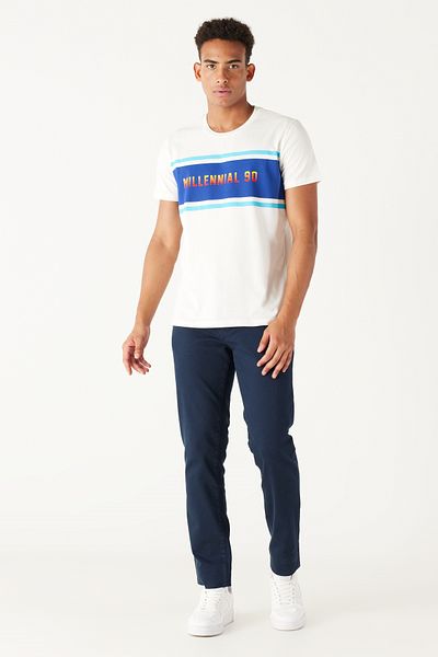 AC&Co / Altınyıldız Classics Pánské tričko Ecru Slim Fit s úzkým střihem a výstřihem 100% bavlna s potiskem