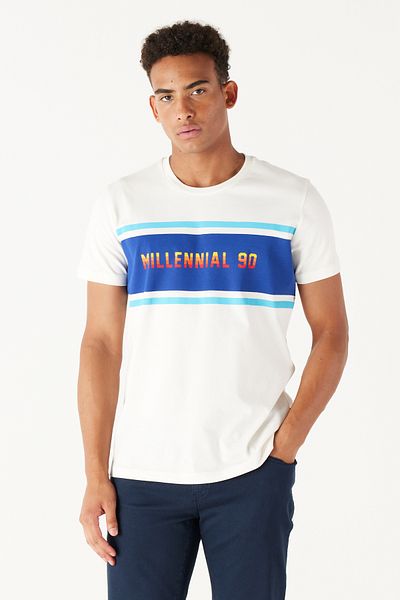 AC&Co / Altınyıldız Classics Pánské tričko Ecru Slim Fit s úzkým střihem a výstřihem 100% bavlna s potiskem