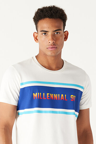 AC&Co / Altınyıldız Classics Erkek Ekru Slim Fit Dar Kesim Bisiklet Yaka %100 Pamuk Baskılı Tişört