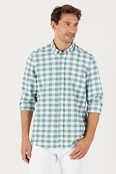 AC&Co / Altınyıldız Classics Ανδρικό λευκό-πράσινο πουκάμισο με στενή εφαρμογή γιακά με καρό κουμπιά