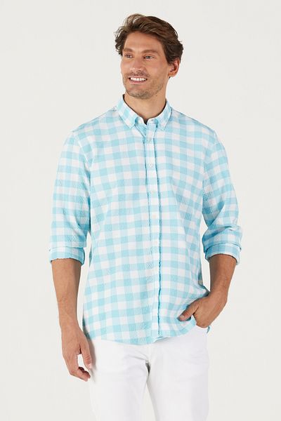 AC&Co / Altınyıldız Classics Cămașă pentru bărbați, albă, mentă, slim fit, cu guler cu nasturi, cu model Seersucker