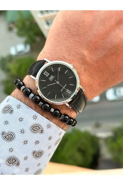 Q&Q Brand Retro Black Color Waterproof Leather Strap Men's Wristwatch Bracelet