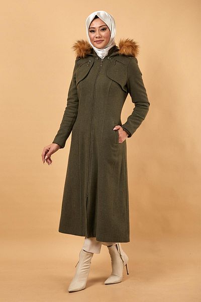 Modamihram Zippered Hooded Kachet Coat Khaki 12265