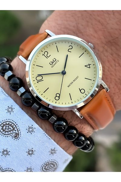 Q&Q Brand Retro Tan Color 24 months Warranty, Waterproof, Leather Strap Men's Wristwatch+Bracelet