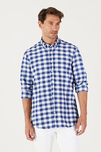 AC&Co / Altınyıldız Classics Férfi fehér-tengerkék karcsú, keskeny szabású gombos galléros kockás ing