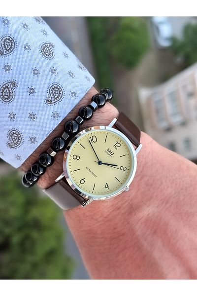 Q&Q Retro Brown Waterproof Leather Band Men's Wristwatch+Bracelet