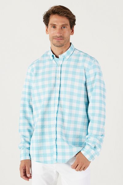 AC&Co / Altınyıldız Classics Cămașă pentru bărbați, albă, mentă, slim fit, cu guler cu nasturi, cu model Seersucker