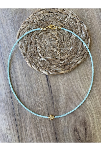 Stoneday Mint Yeşili Kaplumbağa Figürlü Gold Detaylı Kum Boncuk Kolye