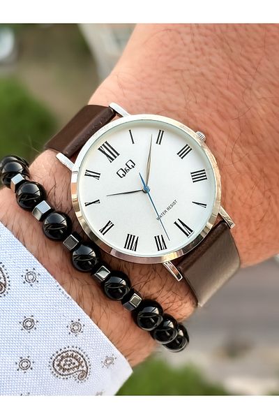 Q&Q Retro Brown 24 months Warranty, Waterproof, Leather Strap Men's Wristwatch + Bracelet