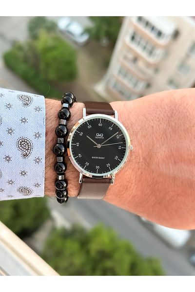 Q&Q Brand Retro Brown 24 months Warranty, Waterproof, Leather Strap Men's Wristwatch+Bracelet