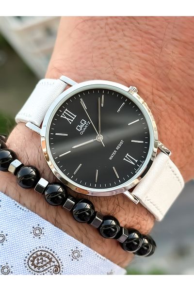 Q&Q Brand Retro White Color 24 months Warranty, Waterproof, Leather Strap Men's Wristwatch+Bracelet