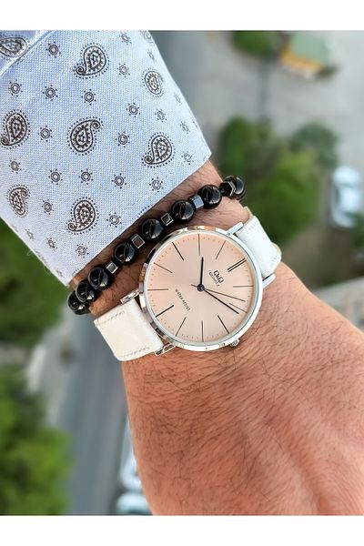 Q&Q Retro White Color 24 months Warranty, Waterproof, Leather Strap Men's Wristwatch+Bracelet
