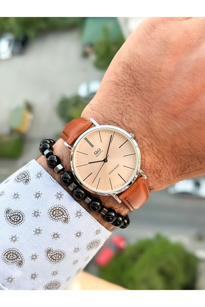 Q&Q Retro Brown 24 months Warranty, Waterproof, Leather Strap Men's Wristwatch + Bracelet