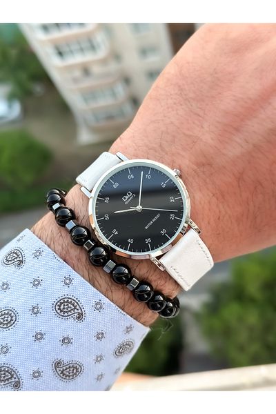 Q&Q Brand Retro White Color Leather Strap Men's Wristwatch+Bracelet