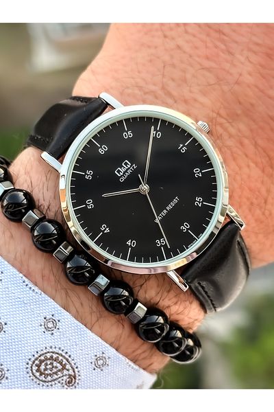 Q&Q Retro Black Color 24 months Warranty, Waterproof, Leather Strap Men's Wristwatch+Bracelet