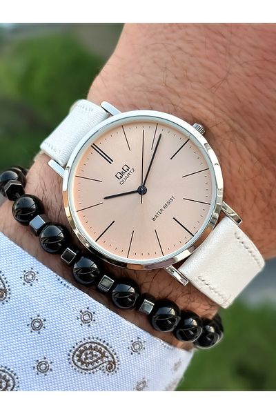Q&Q Retro White Color 24 months Warranty, Waterproof, Leather Strap Men's Wristwatch+Bracelet