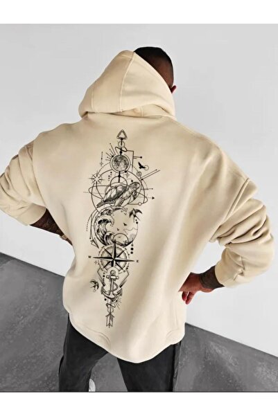 Unisex Kuş Pusula Baskılı Kapşonlu Sweatshirt