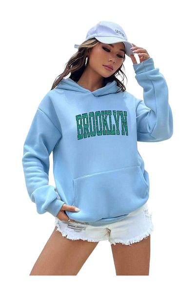 BENROMA Unisex Brooklyn Printed Blue Hooded Sweat